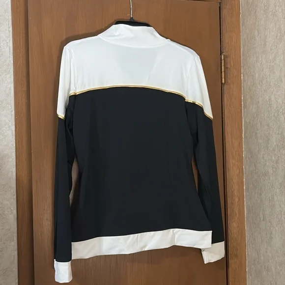 Nice L Womens Sport Issac Mizrahi Black, White & Gold Accented Jacket - Picture 3 of 3